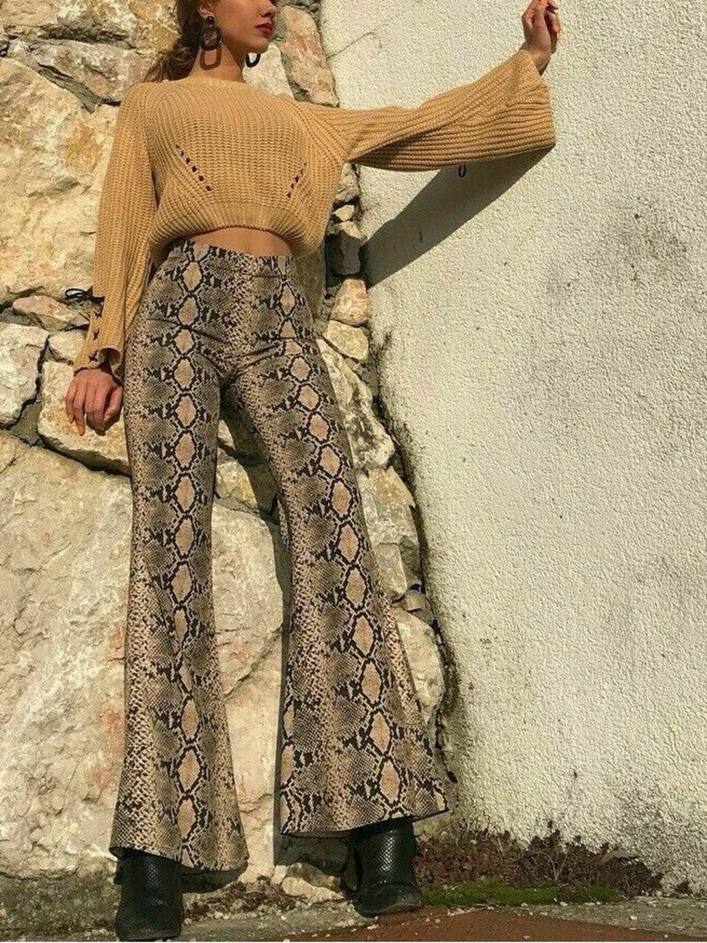 ZARA Flared Flowing Pants With Snakeskin Print Size Large